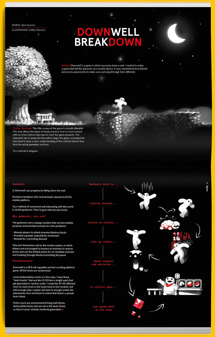 Folded-up magazine spread of a character falling down a well