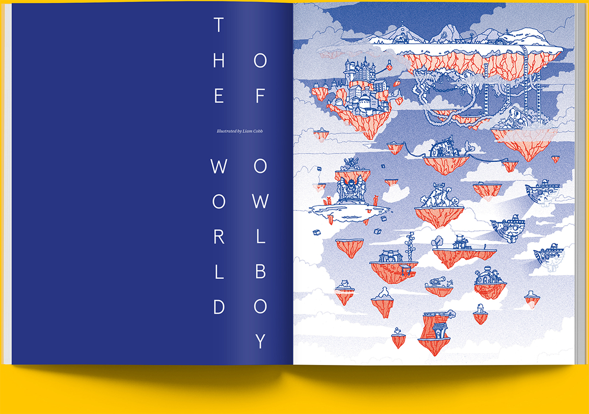 Magazine spread of an illustrated map of the world of Owlboy