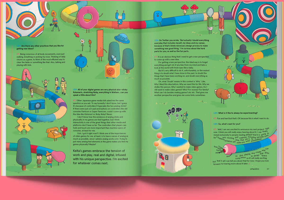 magazine spread: park or fairground with characters and colourful tubes.