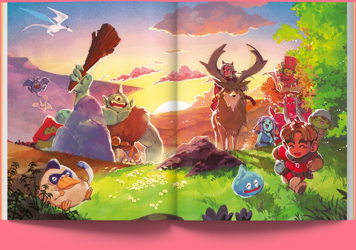 magazine spread: colourful illustration of animals cresting a hill.