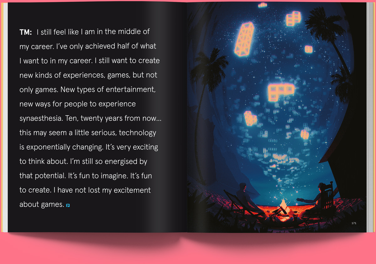 magazine spread: nighttime around a campire with Tetris in the sky.