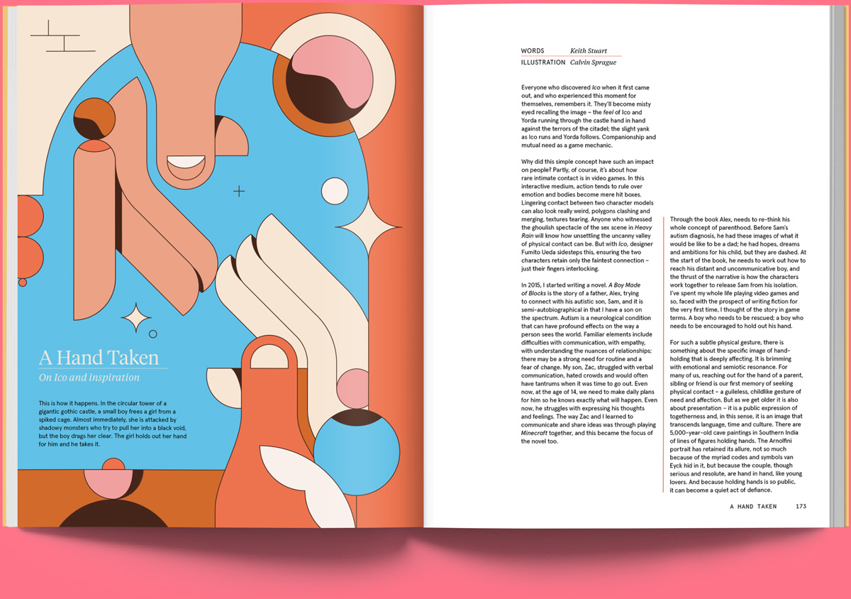 magazine spread: geometric hands reaching towards one another.