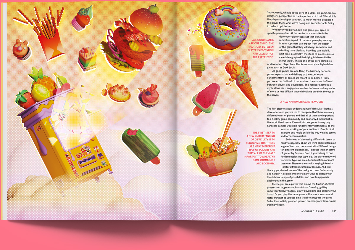 magazine spread: colourful fast food flying through the air.