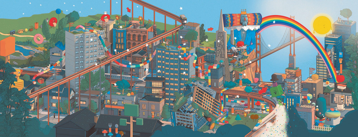 Illustration of a colourful and busy town