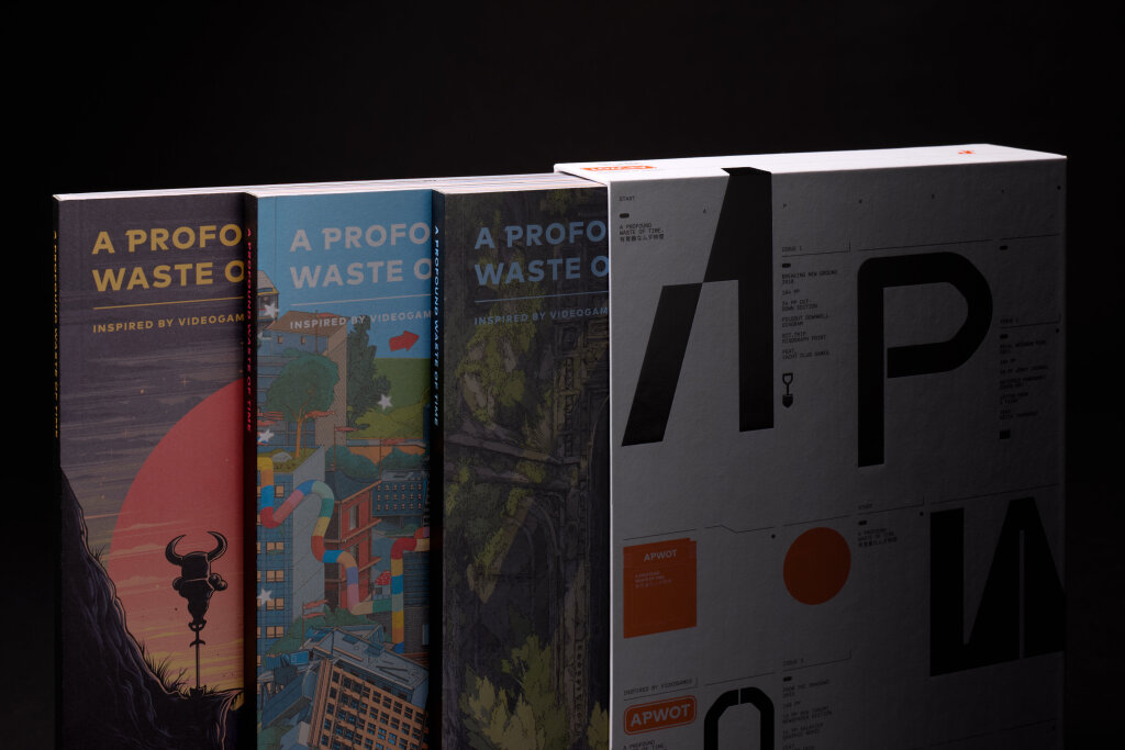 A dramatically lit trilogy collection of A Profound Waste of Time. Issues 1, 2 and 3 are pulled out of a Trilogy Slipcase. Slipcase designed by Lundqvist. Issue 1 features Shovel Knight, Issue 2 features Keita Takahashi and Issue 3 features Fumito Ueda.