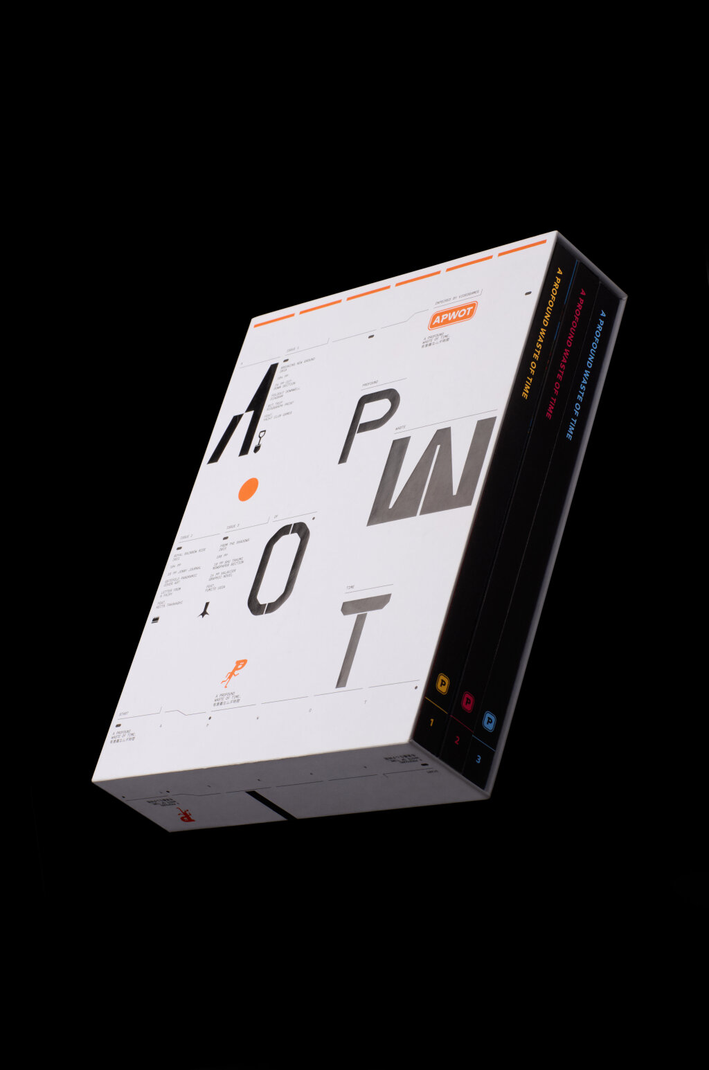 Rotated view of the trilogy slipcase of A Profound Waste of Time housing issues 1, 2 and 3. Featuring the letters A, P, W, O, T in black on a white background. Designed by Lundqvist.