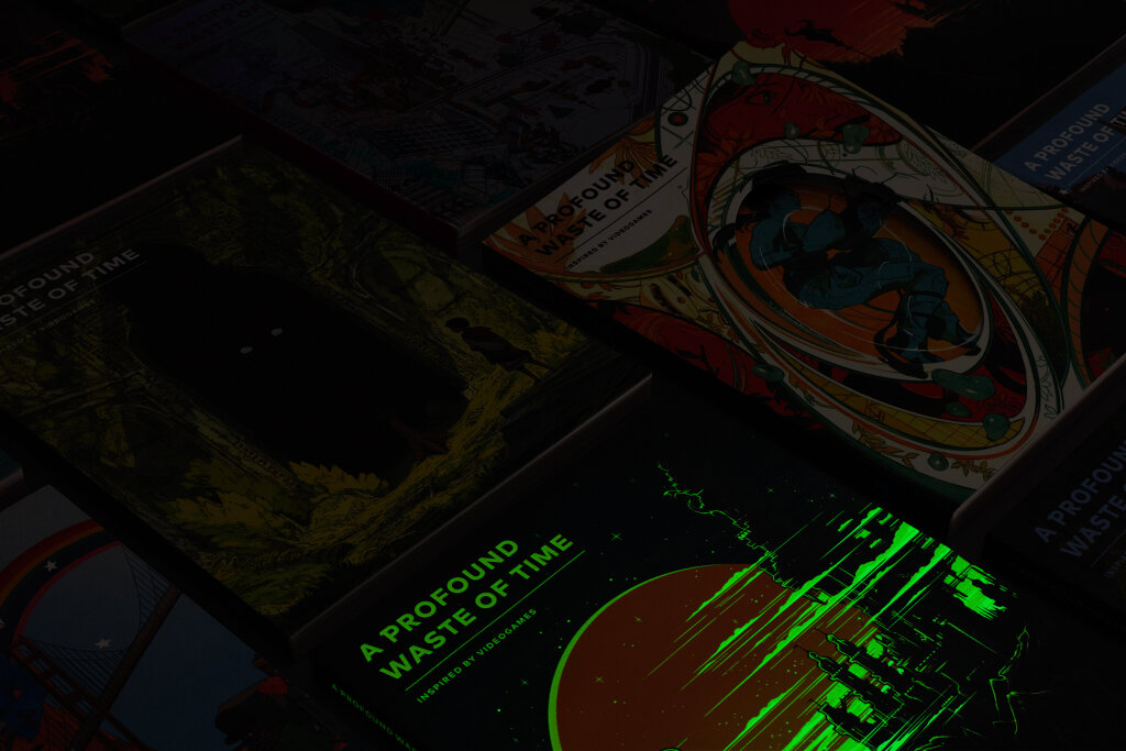 A darkly lit spread of A Profound Waste of Time issues showing how the special Issue 1 glows in the dark.
