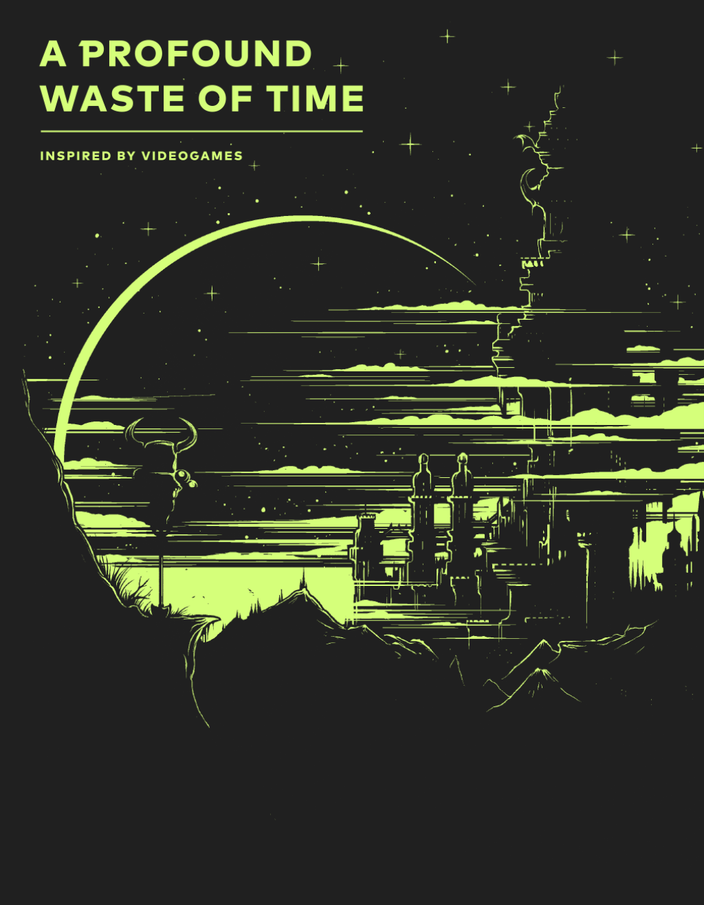 Cover of issue 1 of A Profound Waste of Time featuring Shovel Knight by Yacht Club Games, illustrated by Dan Mumford. The glow in the dark edition, all black except the moon, clouds and outlines.