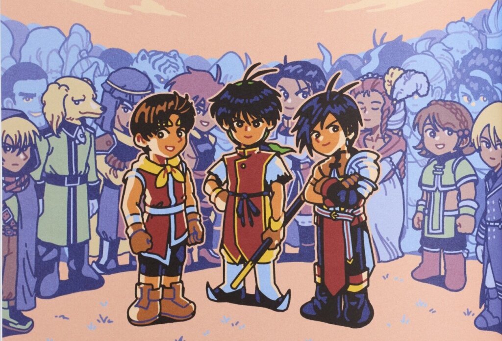 Detail shot from Issue 4 of A Profound Waste of Time of the characters from Suiken standing in front of a crowd.