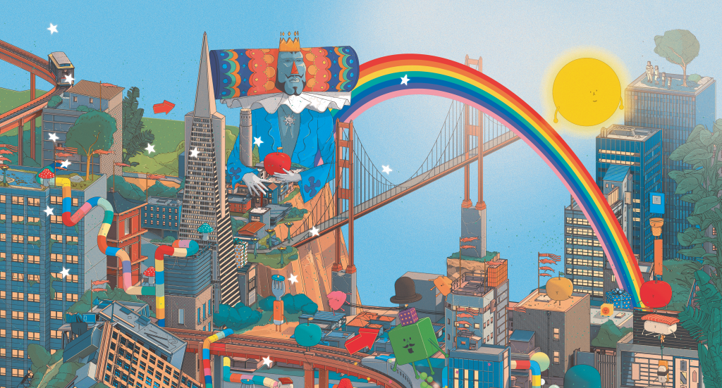 Detailed illustration from issue 2 of A Profound Waste of Time featuring characters from Keita Takahashi's games including Katamari Damacy. Illustrated by Doug John Miller.