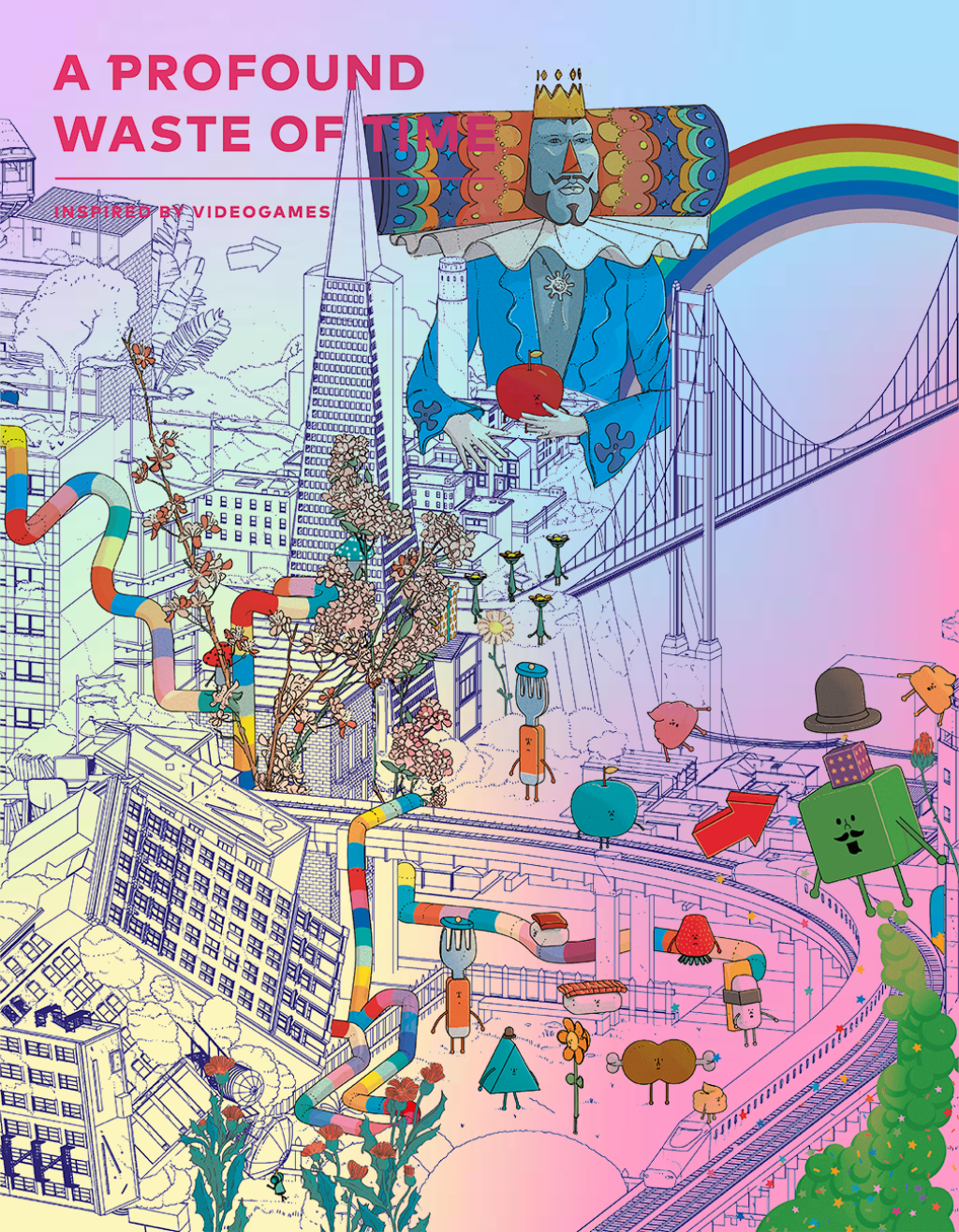 Cover image of issue 2 of A Profound Waste of Time. Featuring characters from Keita Takahashi's games including Katamari Damacy, Noby Noby Boy and more over a cityscape. On holofoil paper. Illustrated by Doug John Miller.