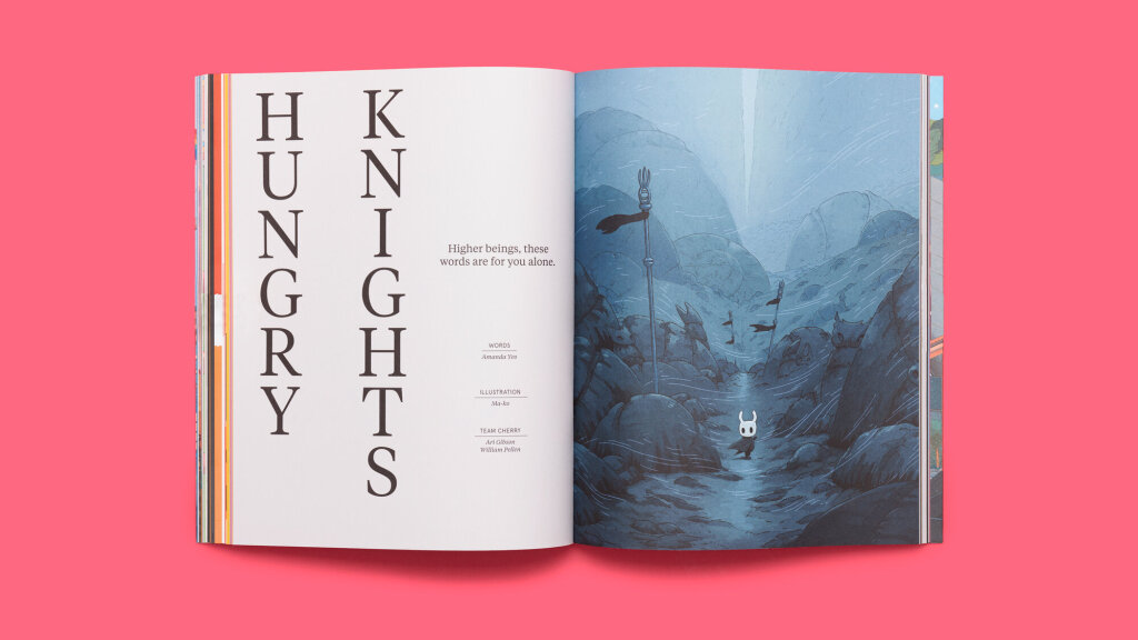 Full magazine spread from issue 2 of A Profound Waste of Time featuring Team Cherry's Hollow Knight walking through a windy path. Illustrated by mako.
