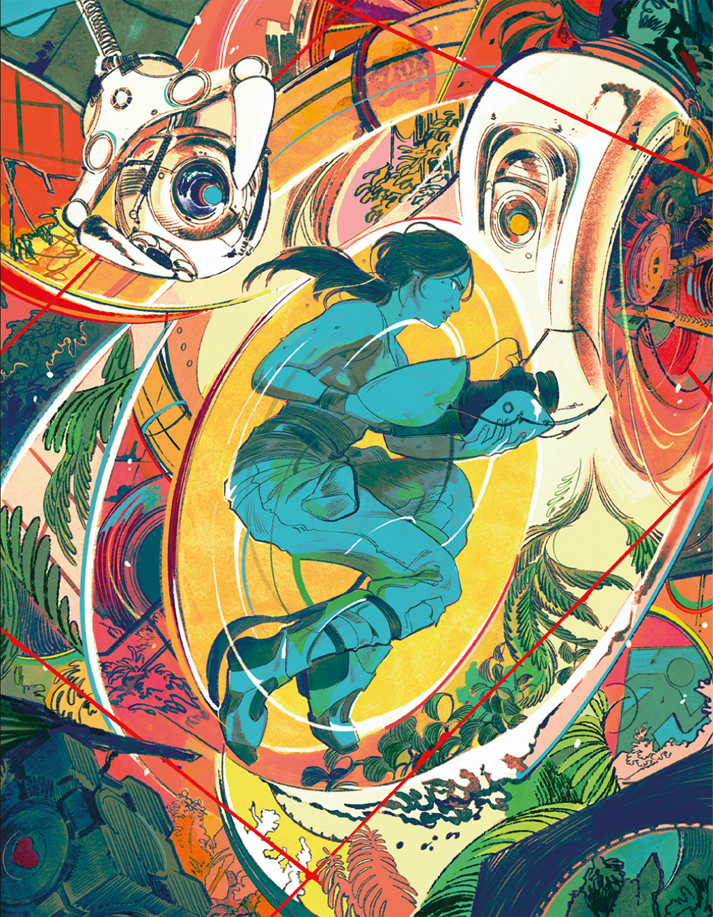 Cover image of issue 4 of A Profound Waste of Time once the die cut cover is opened featuring Chell from Portal by Valve illustrated by Molly Mendoza.