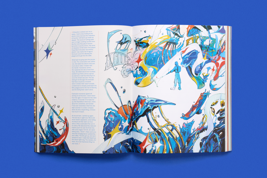 Open spread of the magazine A Profound Waste of Time Issue 5. Featuring colourful water illustrations by Molly Mendoza of Powerwash Simulator.