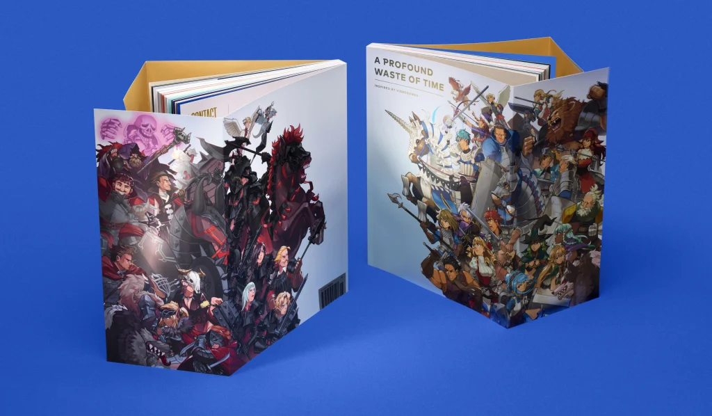 Two standing foldouts of A Profound Waste of Time Issue 5s featuring Vanillaware's Unicorn Overlord. One shows the front, the other the back cover. The back cover shows the villain characters of Unicorn Overlord charging foward. The front cover shows the hero characters of Unicorn Overlord charging forward. Side by side it looks like the two armies charging towards each other.